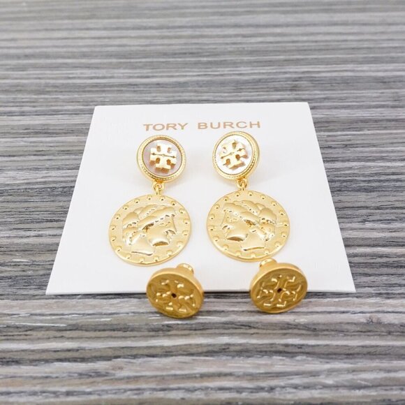 Tory Burch Mother of Pearl Logo Coin Medallion Drop Earrings New Ivory/Tory Gold - Picture 9 of 12